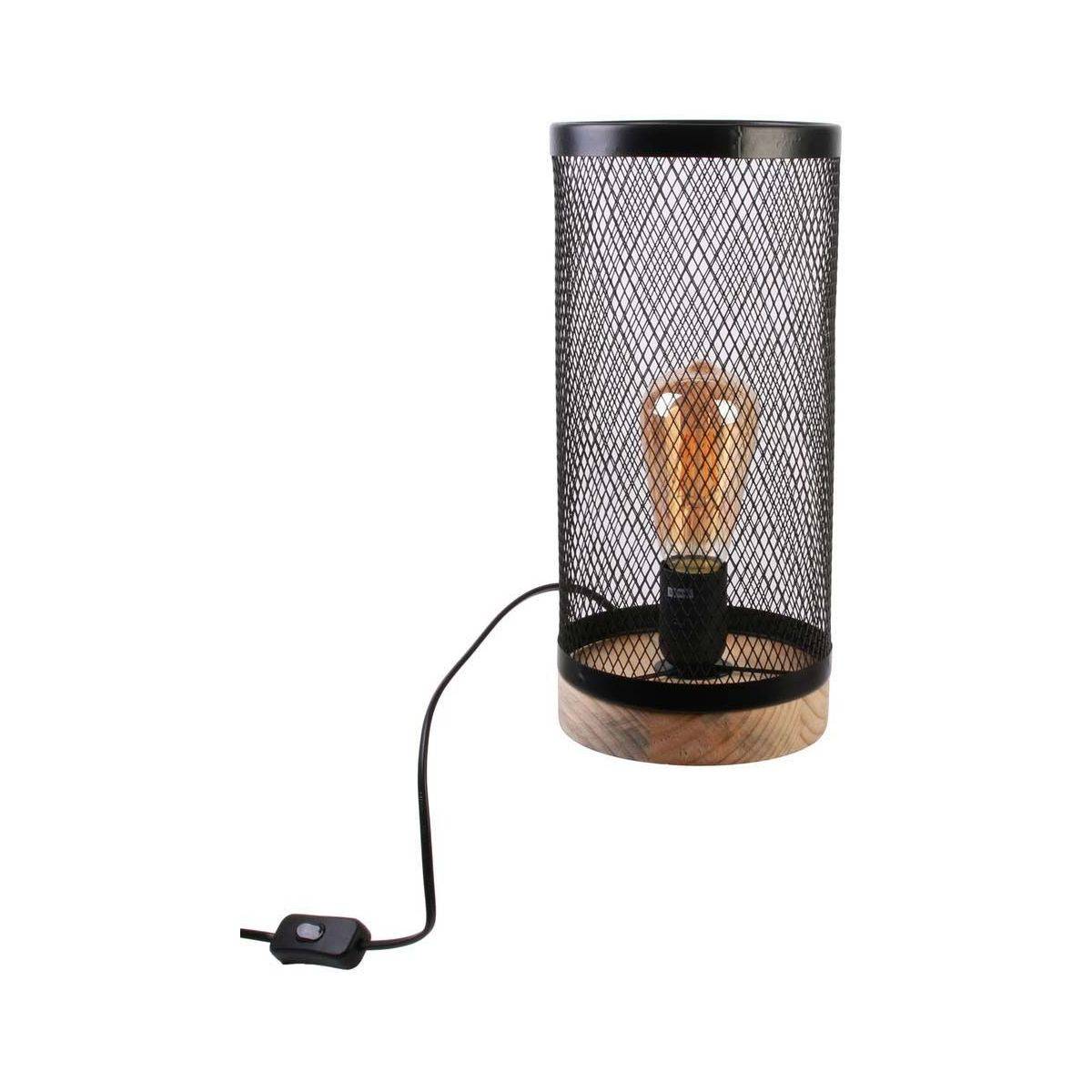 The Home Deco Light - Lampe cylindrique métal grillagé socle en bois Noir - Image 1