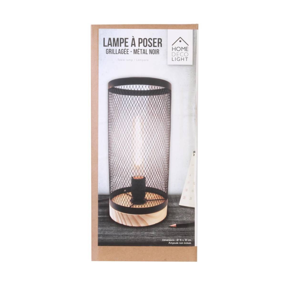 The Home Deco Light - Lampe cylindrique métal grillagé socle en bois Noir - Image 6