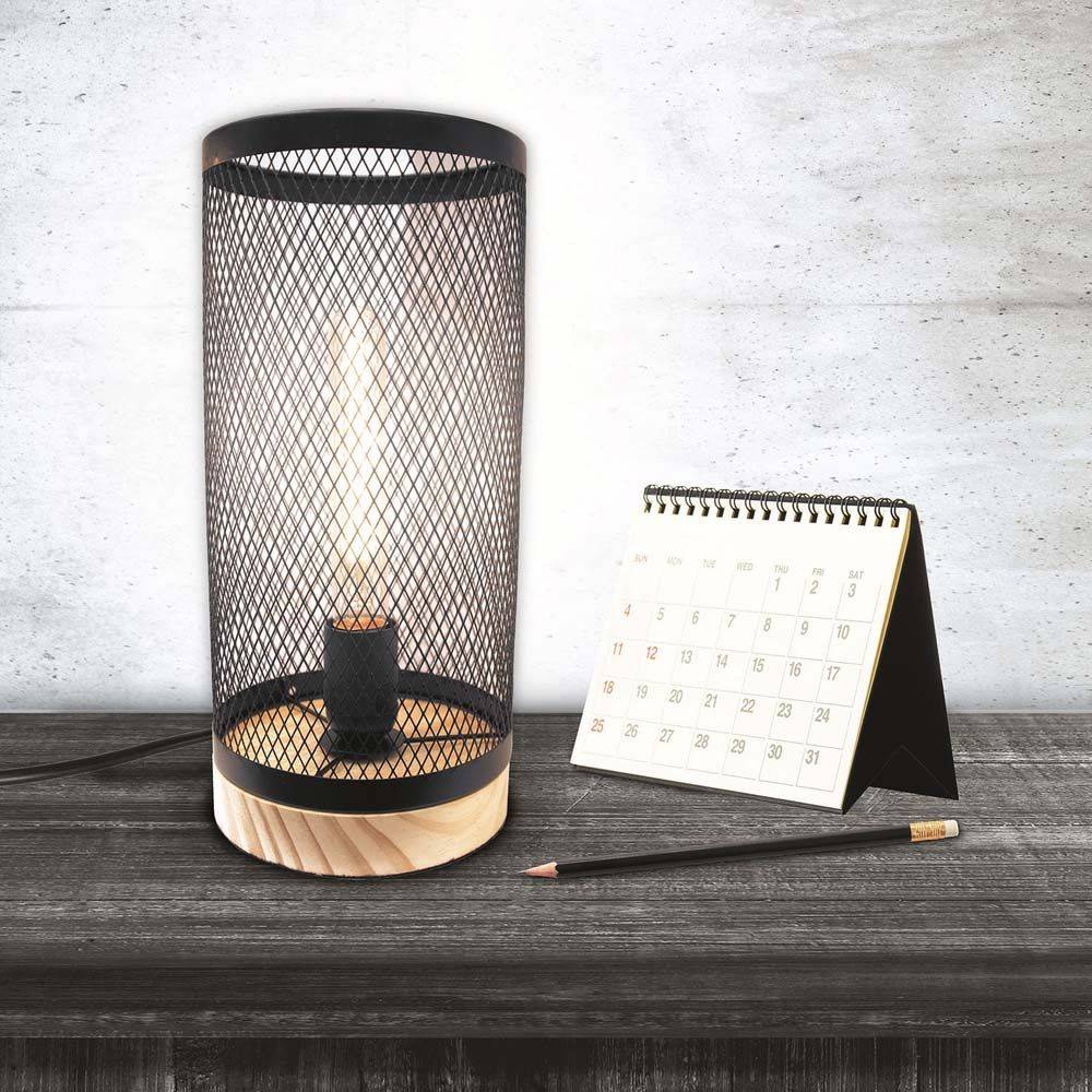 The Home Deco Light - Lampe cylindrique métal grillagé socle en bois Noir - Image 4