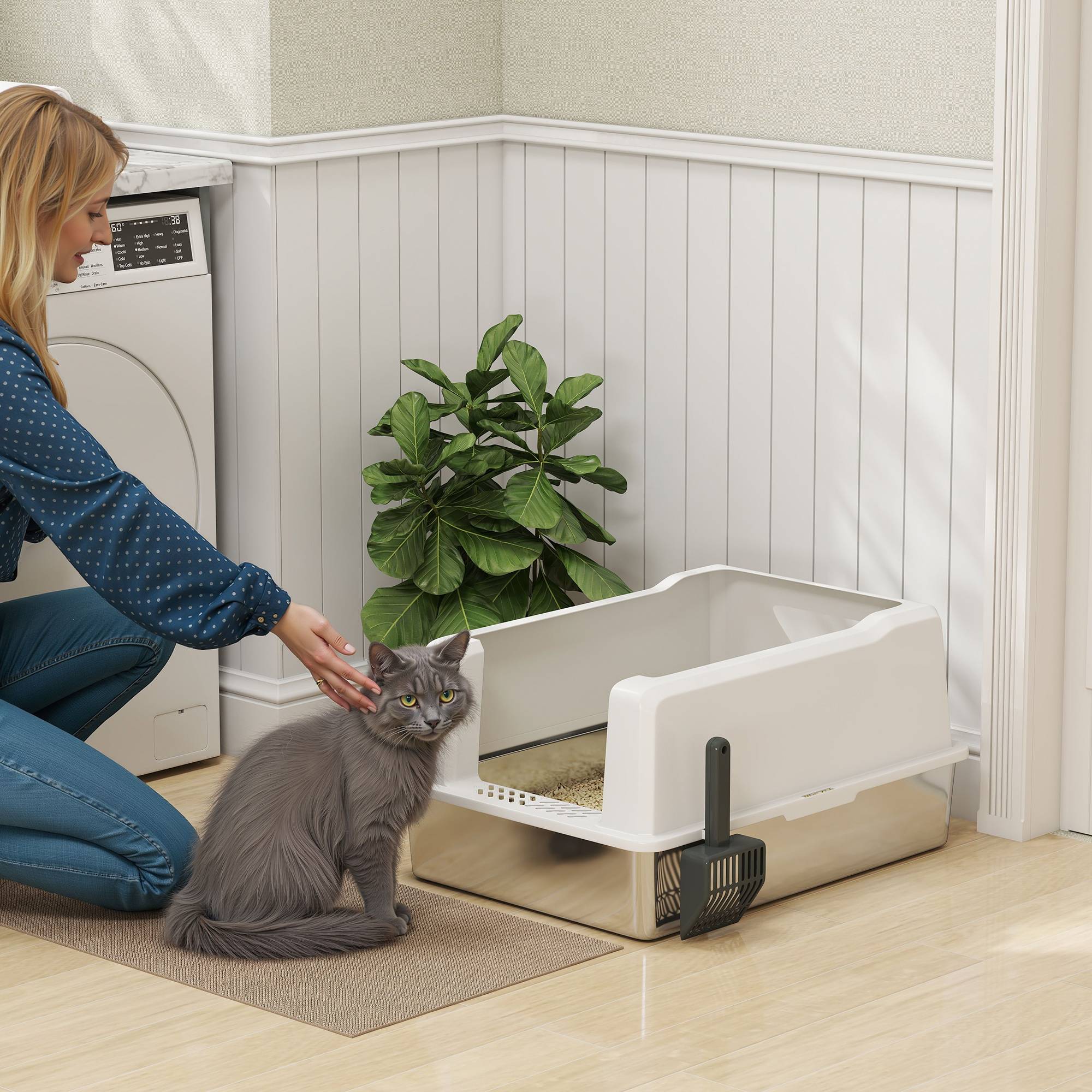 Bac litière chat acier inox ABS bords hauts grande capacité 85L 71x50x35cm blanc - ComfortXL Outdoor Living - Image 3