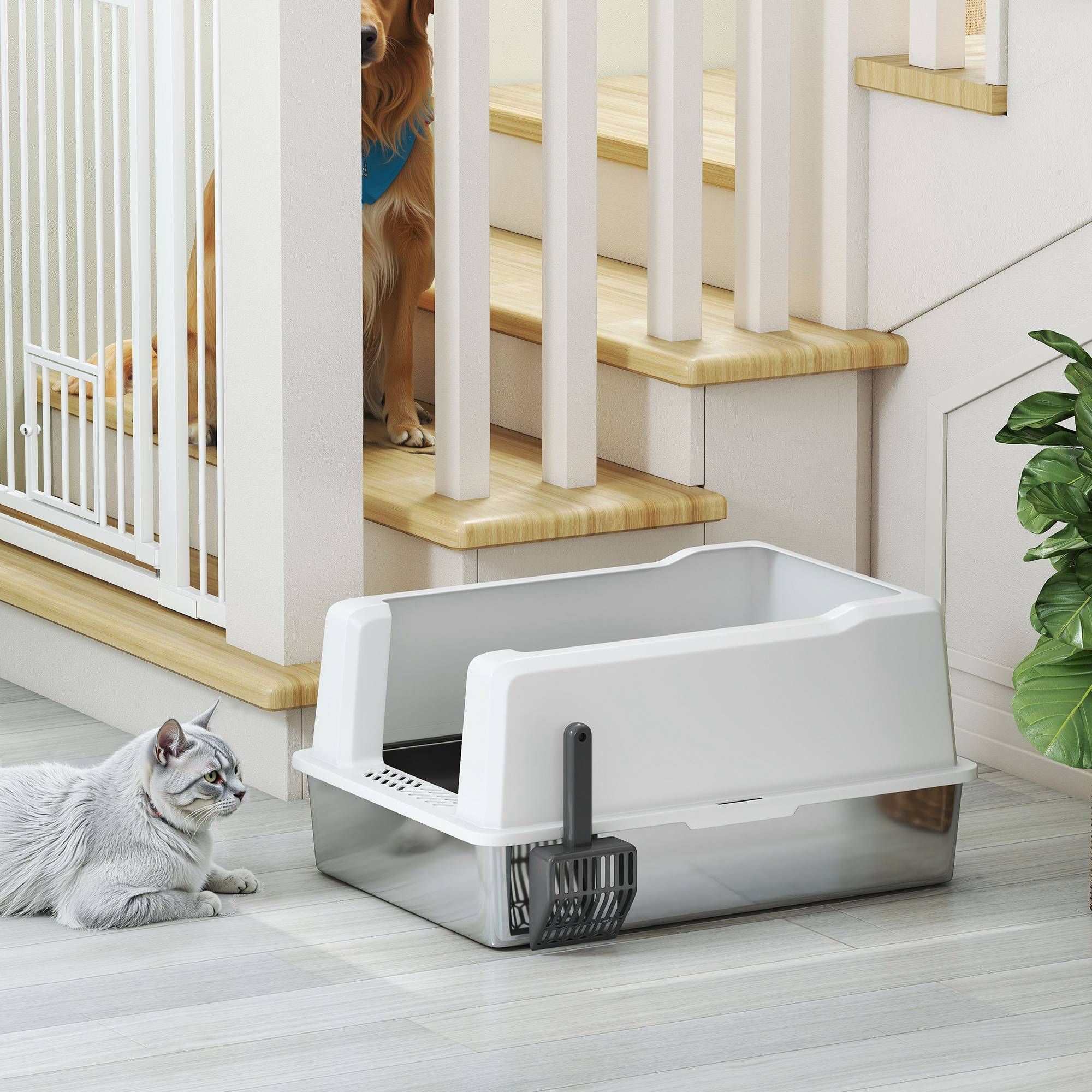 Bac litière chat acier inox ABS bords hauts grande capacité 85L 71x50x35cm blanc - ComfortXL Outdoor Living - Image 10