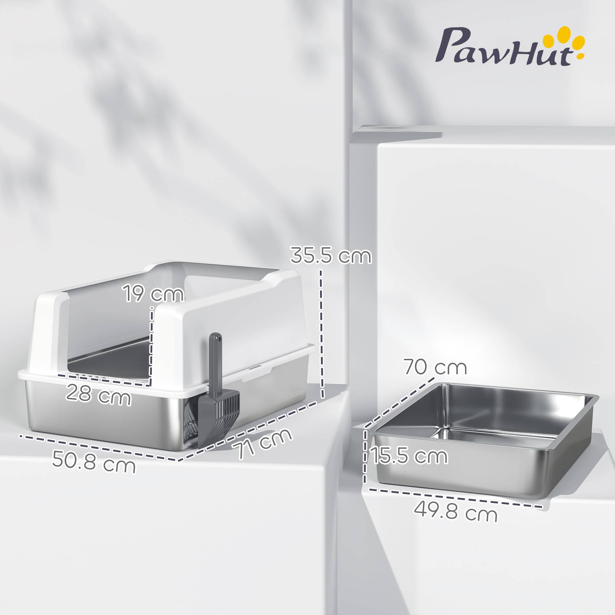 Bac litière chat acier inox ABS bords hauts grande capacité 85L 71x50x35cm blanc - ComfortXL Outdoor Living - Image 5