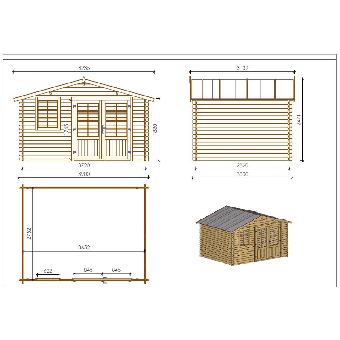 Altanka - Abri de jardin en bois - 11.7m2 - 3.9x3m - Traité - Ep. 34mm - Couleur: marron - DOM562 - ALTANKA - Imagen 3