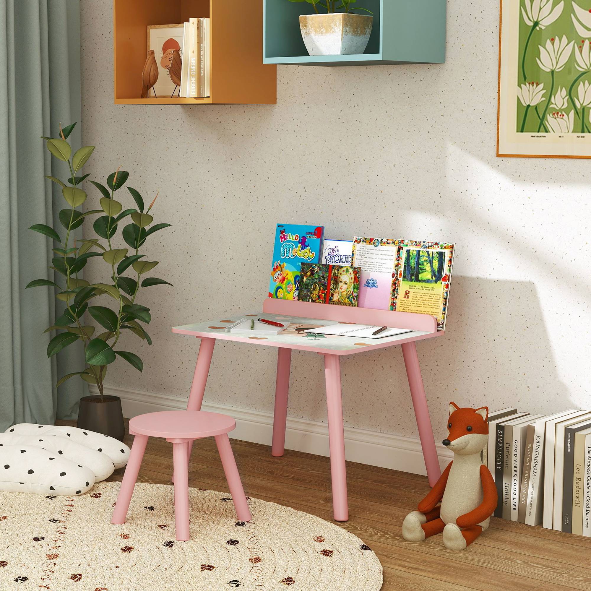 Table enfant avec chaise et étagère livres, bureau +3 ans pour salle de jeu, rose - Image 4