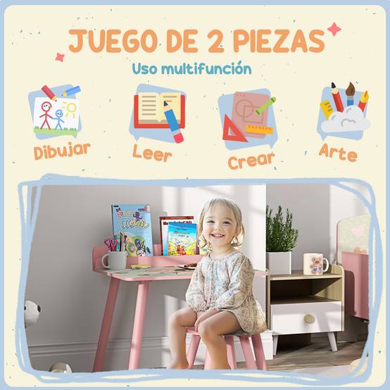 Table enfant avec chaise et étagère livres, bureau +3 ans pour salle de jeu, rose - Image 6