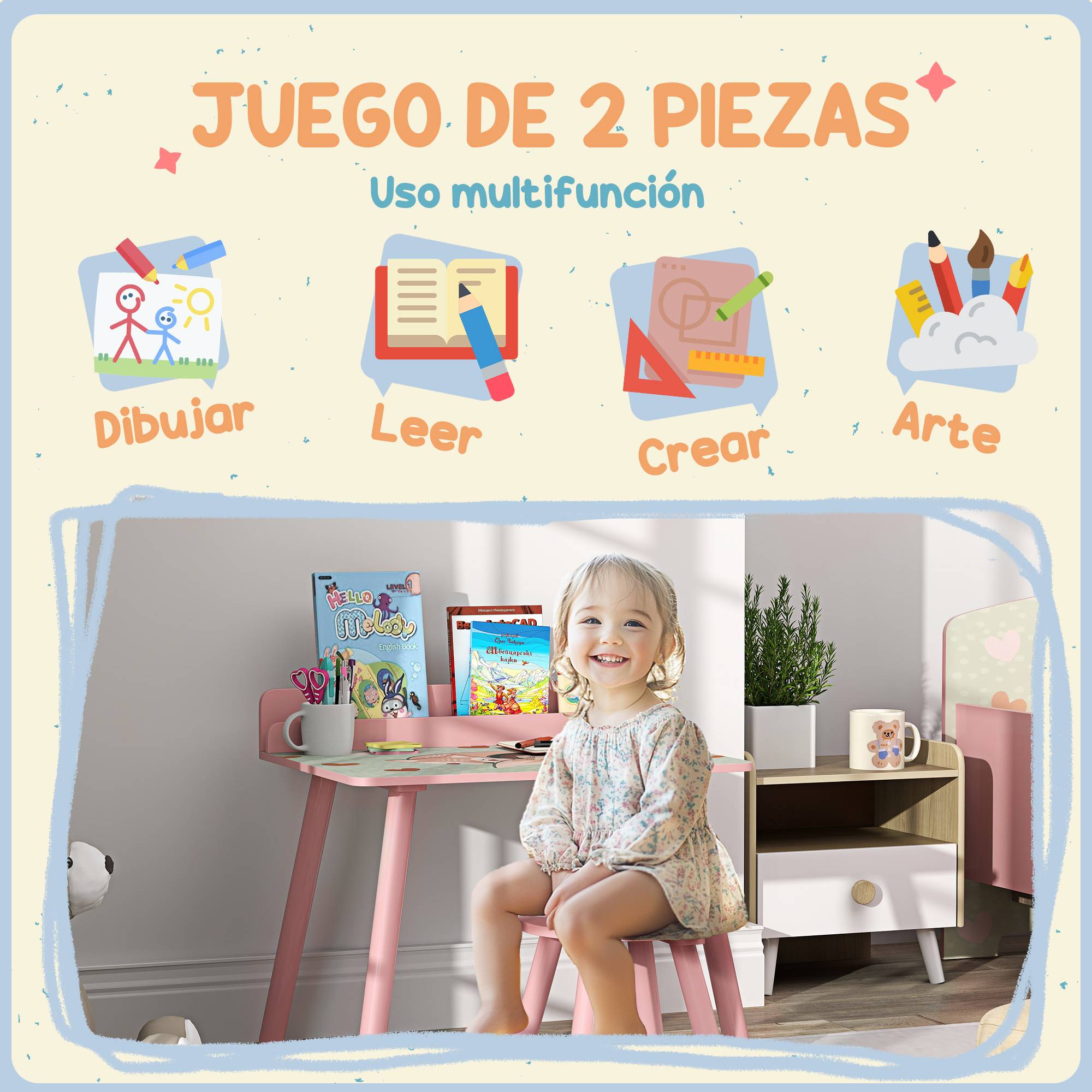 Table enfant avec chaise et étagère livres, bureau +3 ans pour salle de jeu, rose - Image 6
