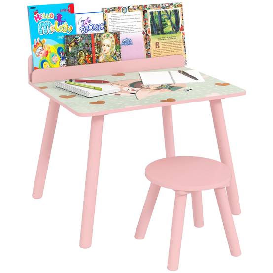 Table enfant avec chaise et étagère livres, bureau +3 ans pour salle de jeu, rose - Image 1