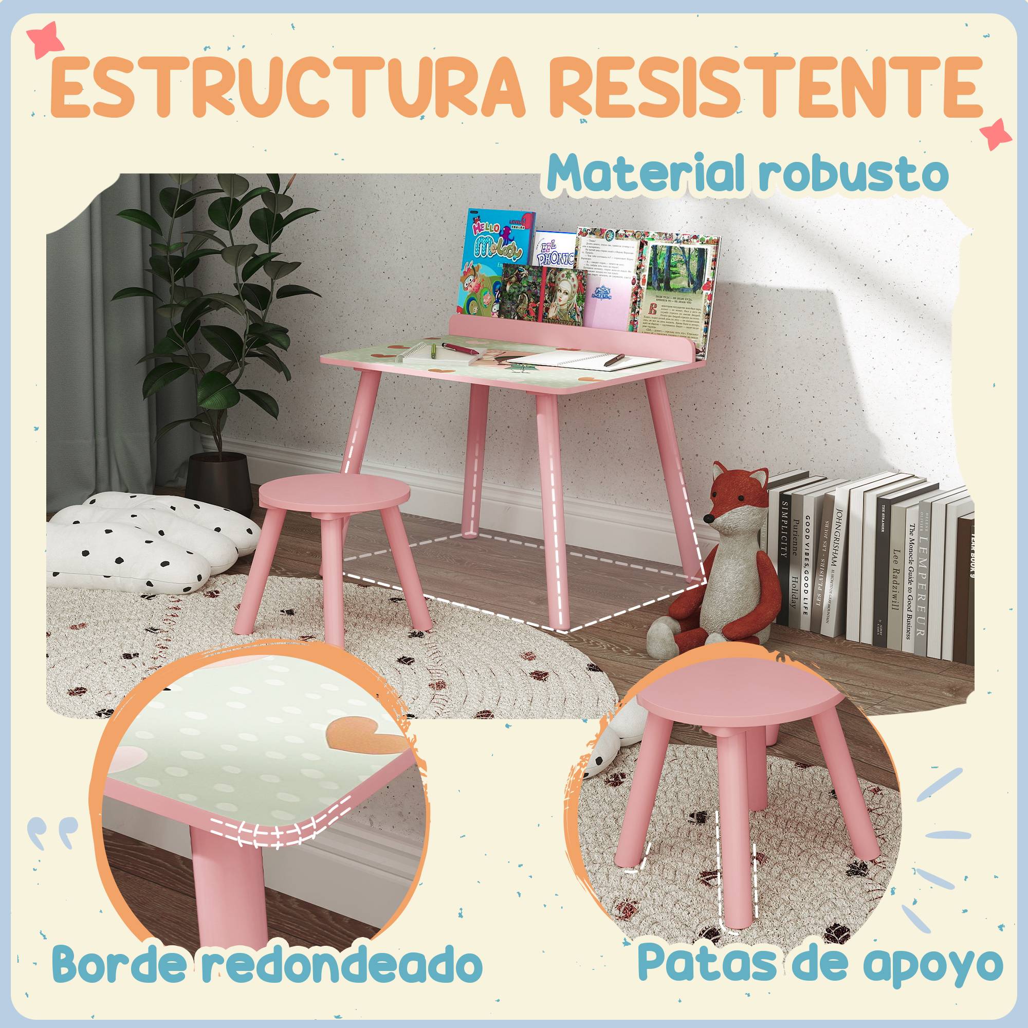 Table enfant avec chaise et étagère livres, bureau +3 ans pour salle de jeu, rose - Image 8
