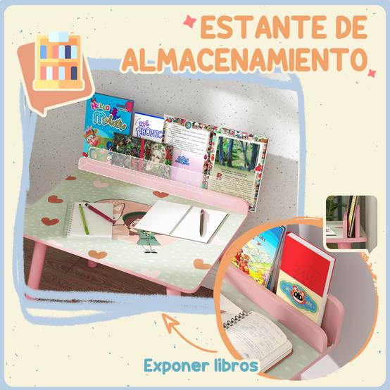 Table enfant avec chaise et étagère livres, bureau +3 ans pour salle de jeu, rose - Image 7