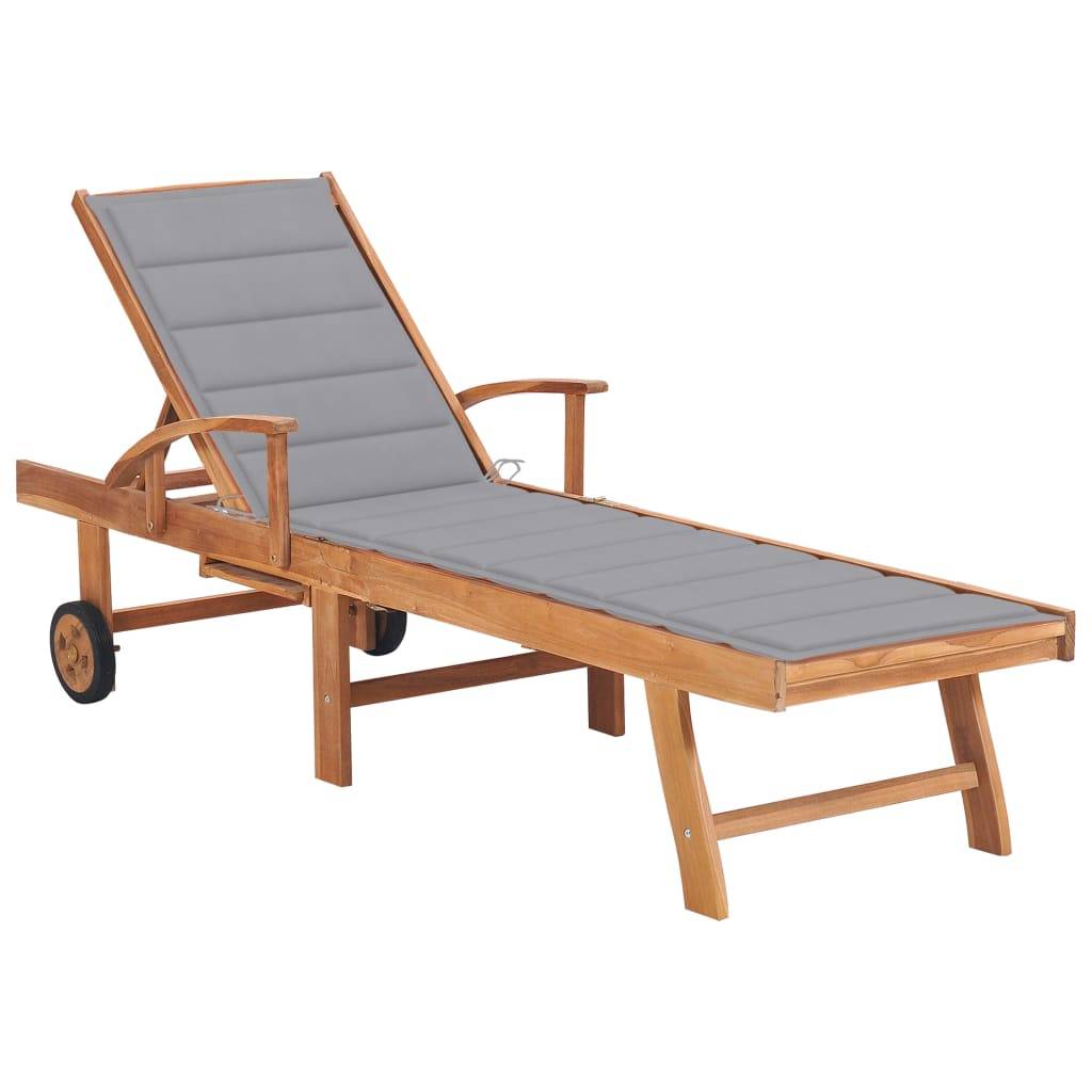 Helloshop26 - Transat chaise longue bain de soleil lit de jardin terrasse meuble d'extérieur avec coussin gris bois de teck solide - Imagen 1