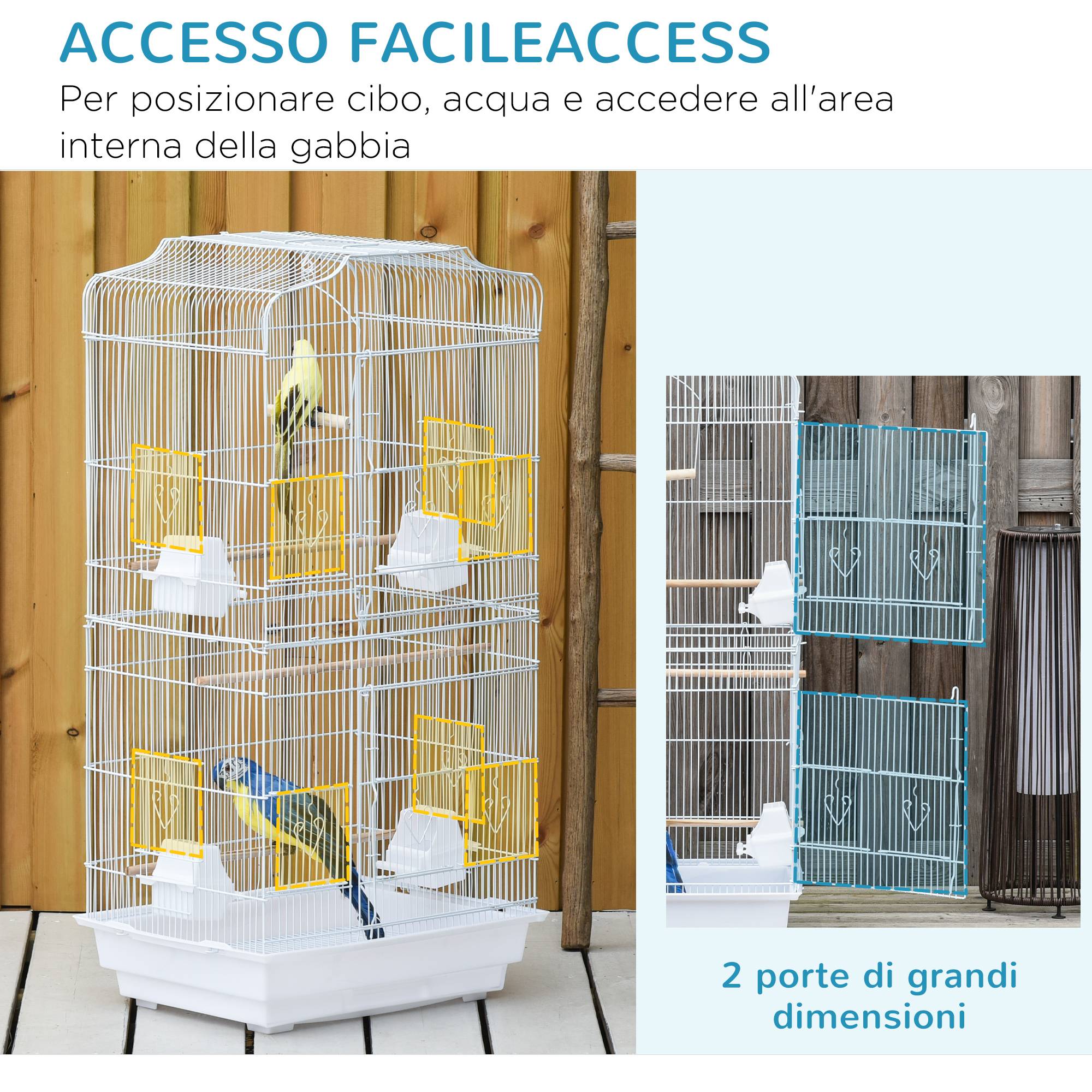 Cage portable avec poignée, bac amovible, portes, perchoirs bois, balançoire et gamelles, 46,5x35,5x92 cm, blanche - Image 6