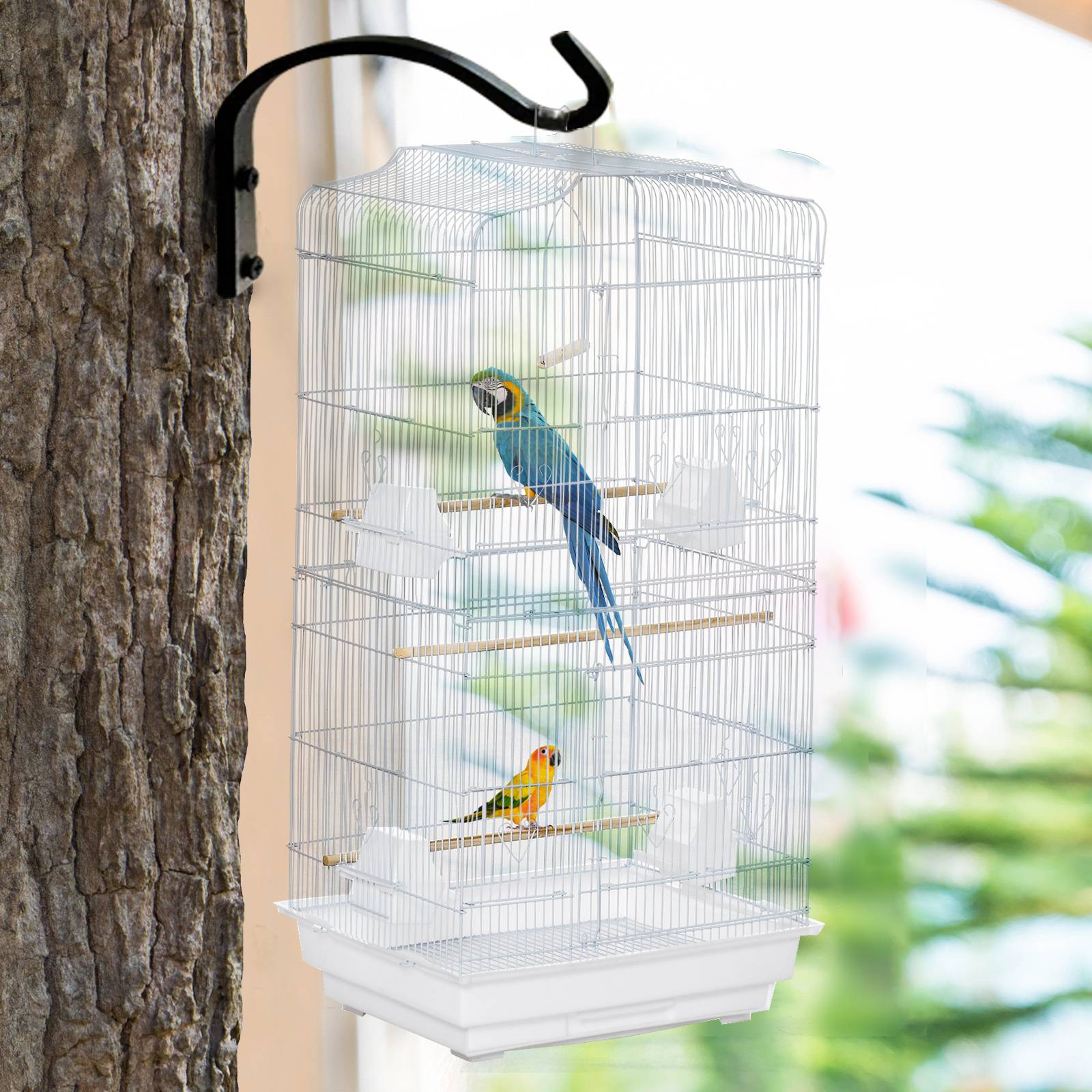 Cage portable avec poignée, bac amovible, portes, perchoirs bois, balançoire et gamelles, 46,5x35,5x92 cm, blanche - Image 4