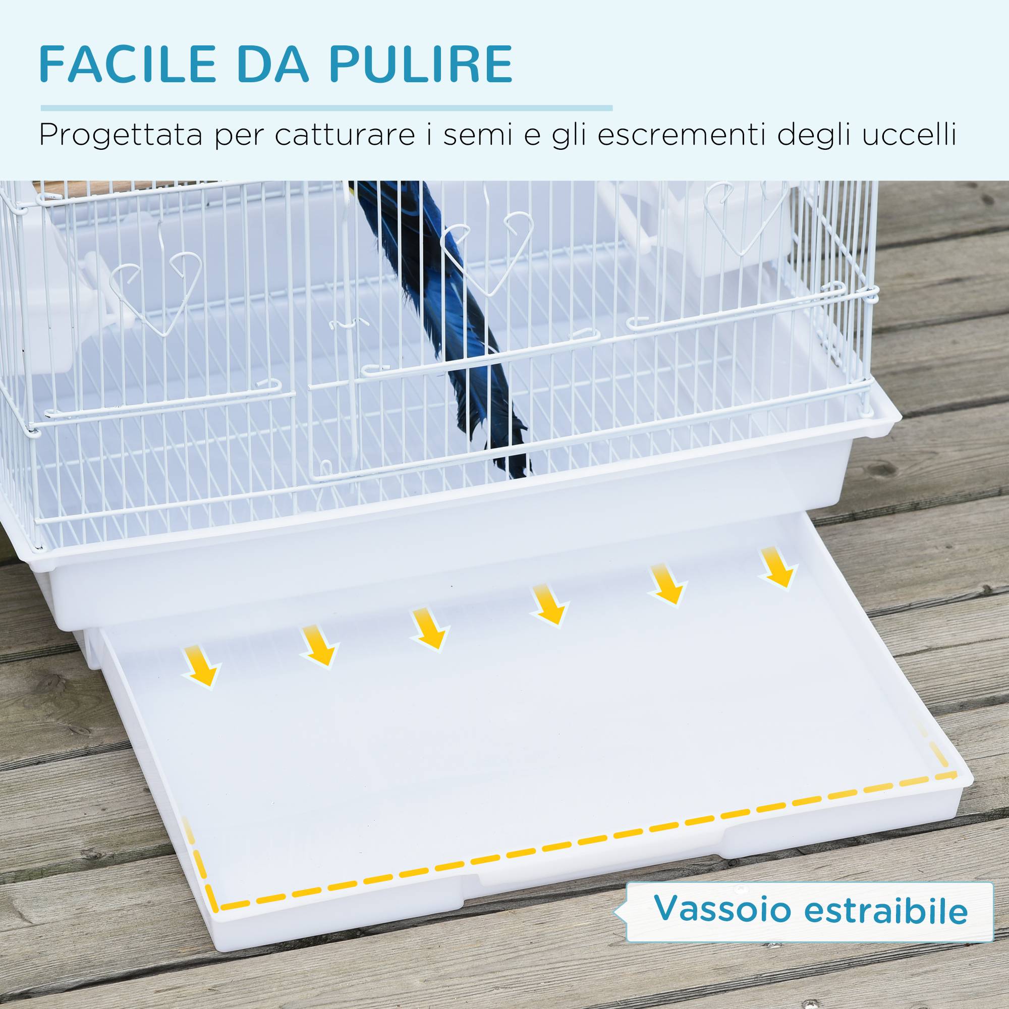 Cage portable avec poignée, bac amovible, portes, perchoirs bois, balançoire et gamelles, 46,5x35,5x92 cm, blanche - Image 7