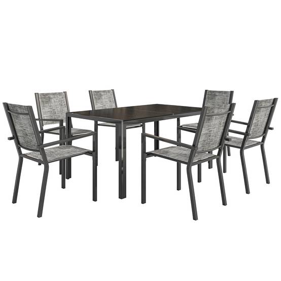 ComfortXL - Salon de jardin acier extérieur table à lattes 150cm 6 chaises empilables noir - ComfortXL Outdoor Living - Image 2