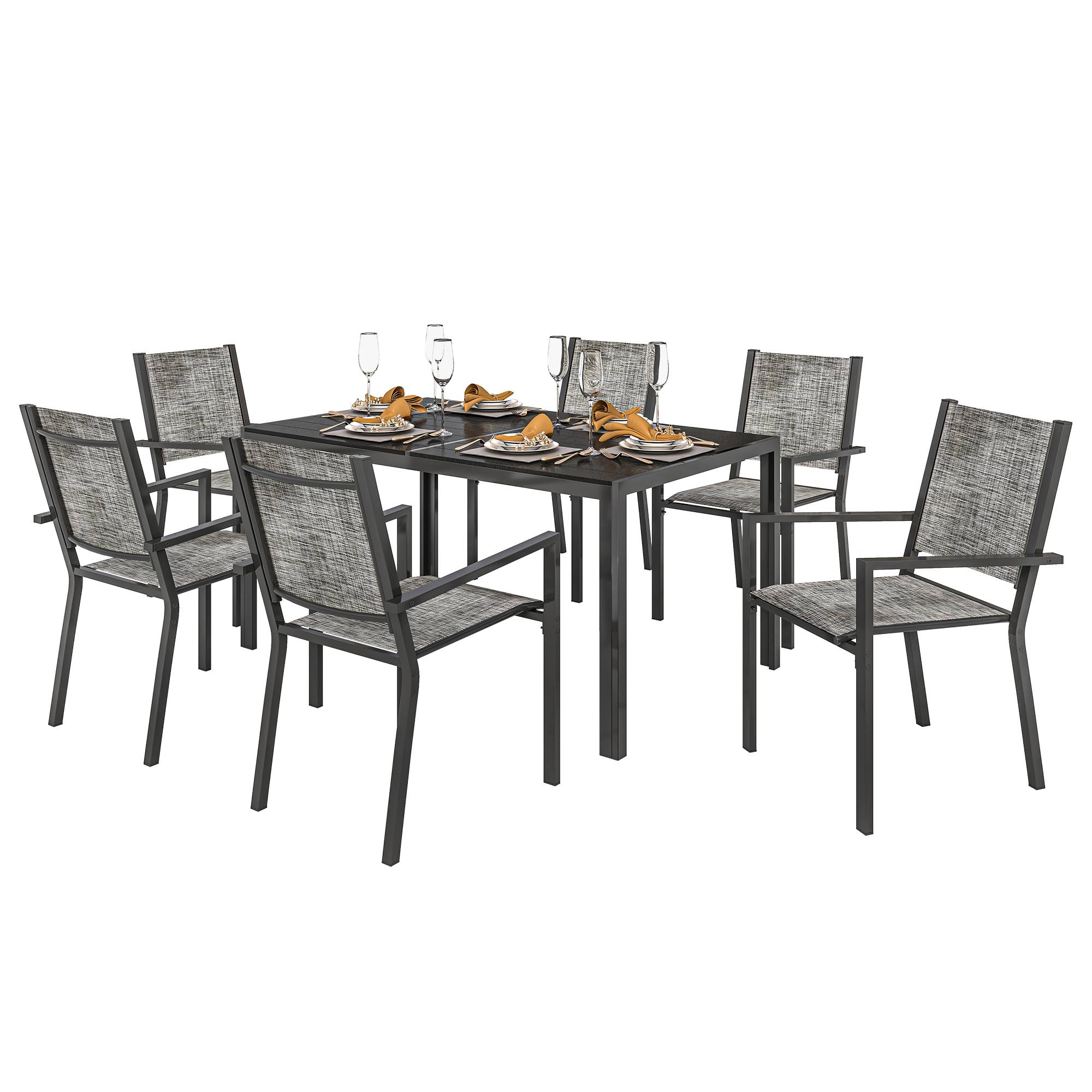 ComfortXL - Salon de jardin acier extérieur table à lattes 150cm 6 chaises empilables noir - ComfortXL Outdoor Living - Image 1