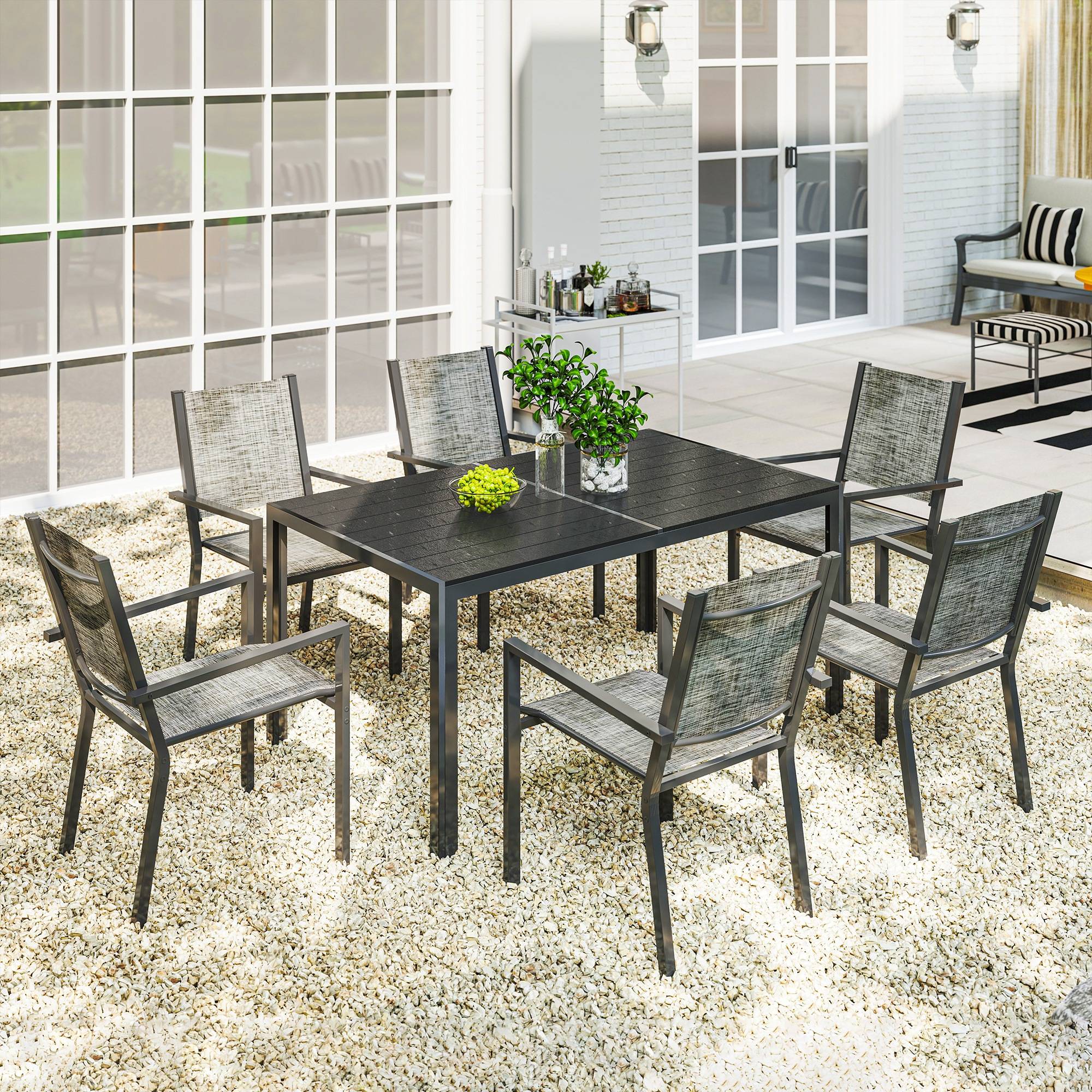 ComfortXL - Salon de jardin acier extérieur table à lattes 150cm 6 chaises empilables noir - ComfortXL Outdoor Living - Image 4
