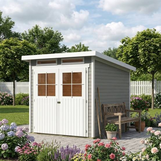 Abri de jardin bois massif gris 19mm 4.62m² toit plat embase autoclave Karibu Glücksburg - Image 1