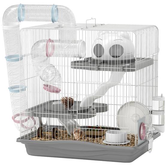 Cage hamster métal 3 niveaux tubes transparents modulables 45x30x45cm Gris - ComfortXL Outdoor Living - Image 1