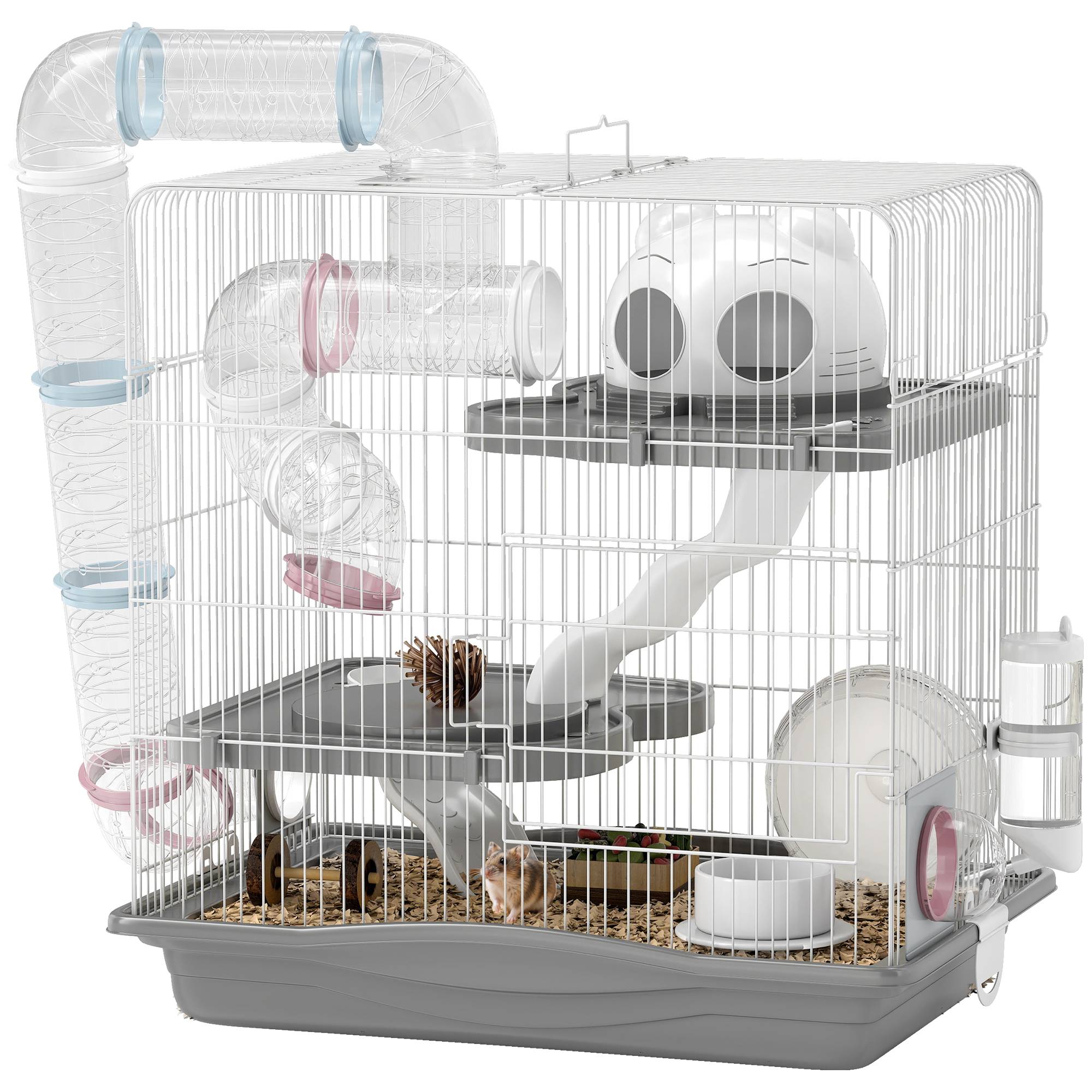 Cage hamster métal 3 niveaux tubes transparents modulables 45x30x45cm Gris - ComfortXL Outdoor Living - Image 1