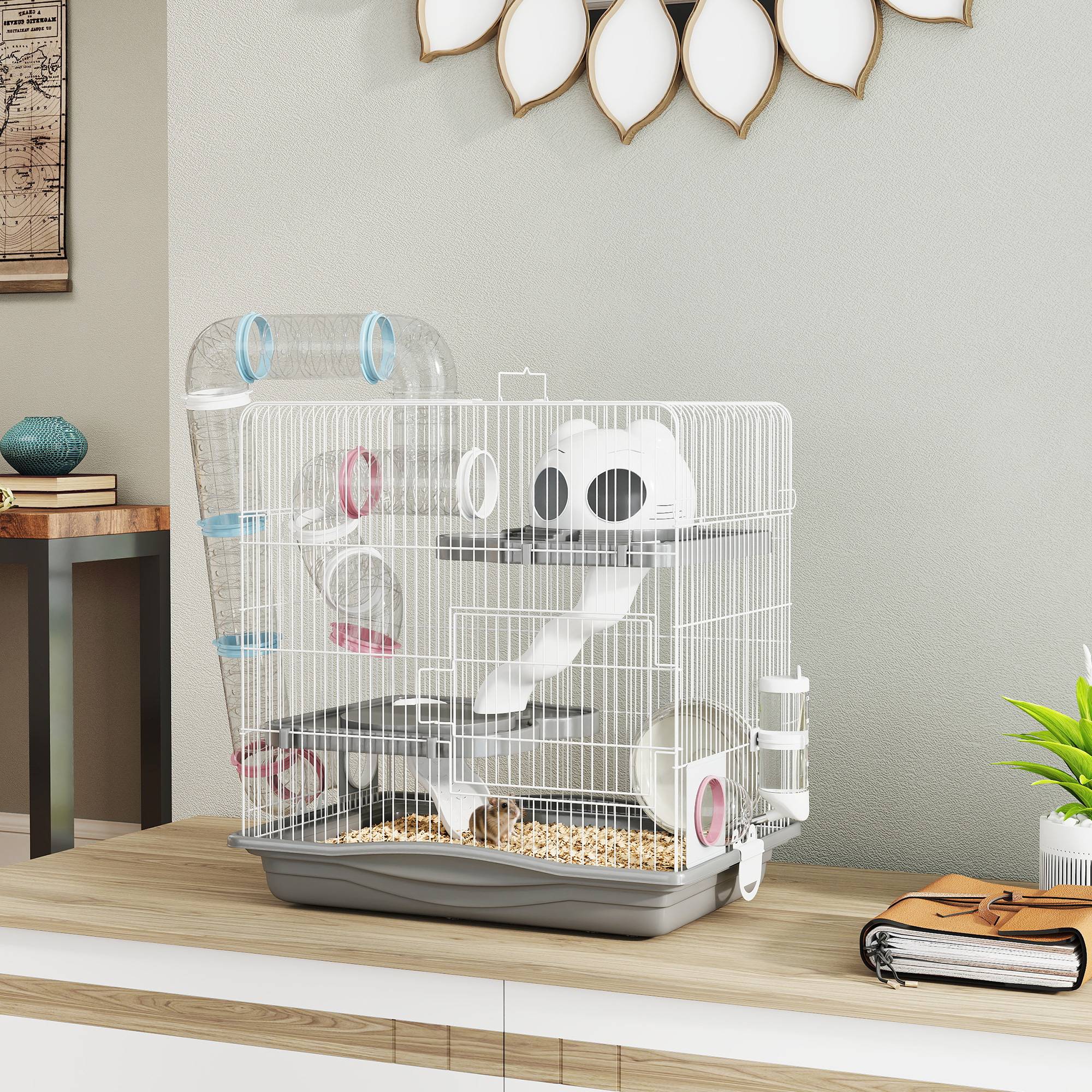 Cage hamster métal 3 niveaux tubes transparents modulables 45x30x45cm Gris - ComfortXL Outdoor Living - Image 4