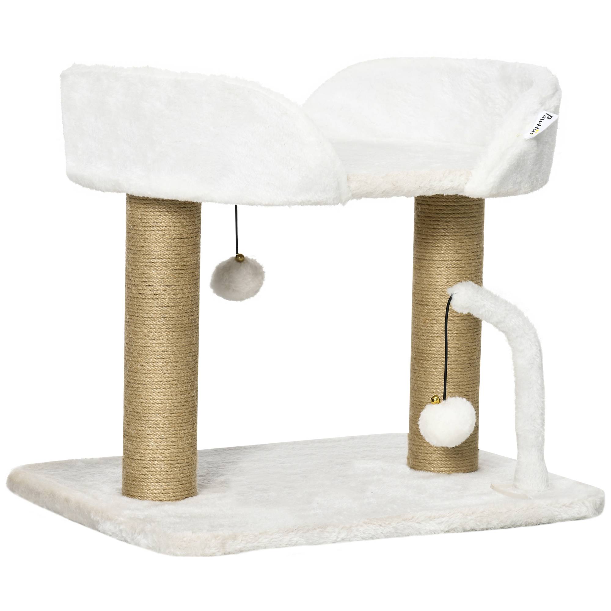Pawhut - Arbre à chat 2 griffoirs jute naturelle panier jeu 2 boules suspendues avec clochettes peluche blanche - Imagen 1