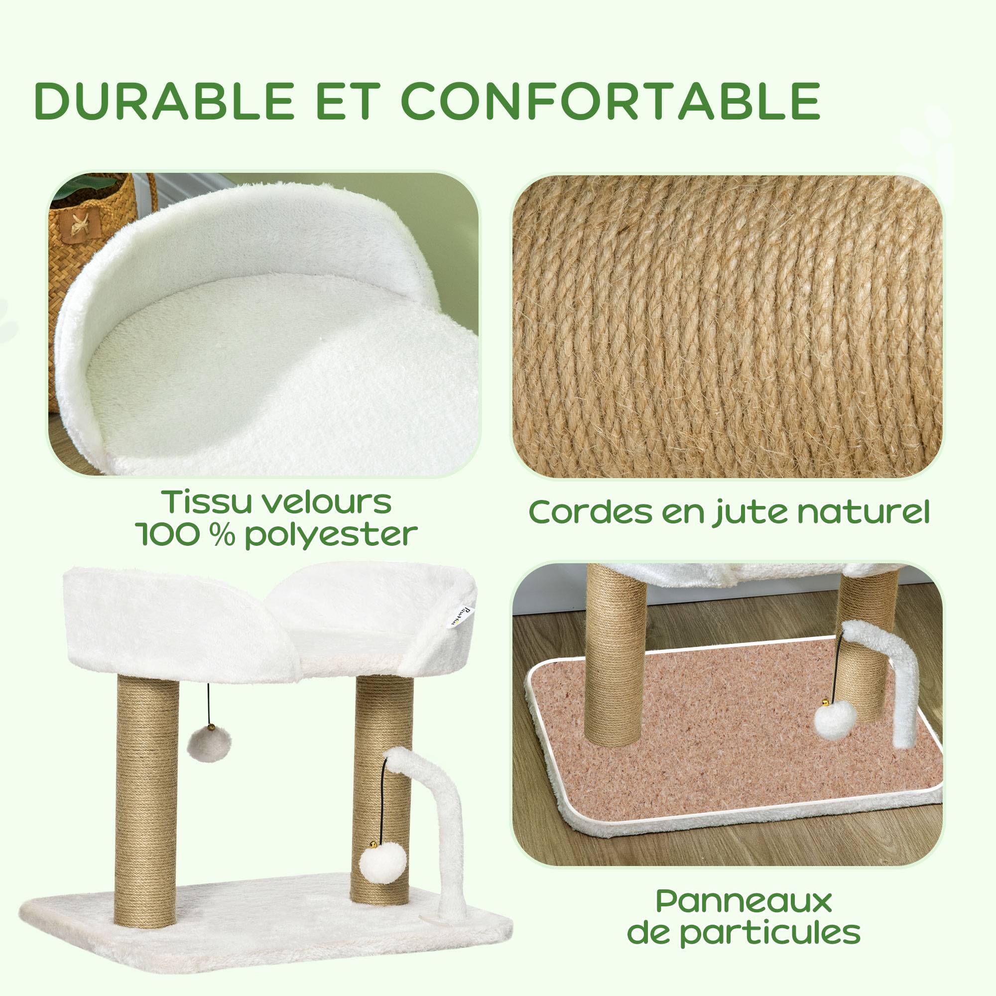 Pawhut - Arbre à chat 2 griffoirs jute naturelle panier jeu 2 boules suspendues avec clochettes peluche blanche - Imagen 4
