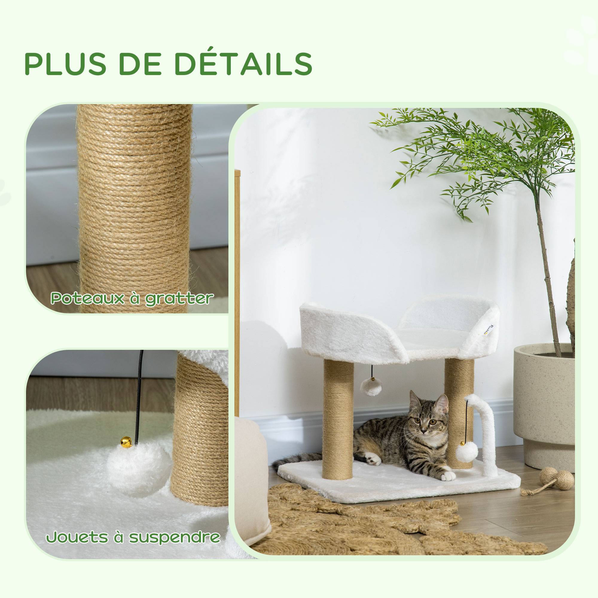Pawhut - Arbre à chat 2 griffoirs jute naturelle panier jeu 2 boules suspendues avec clochettes peluche blanche - Imagen 5