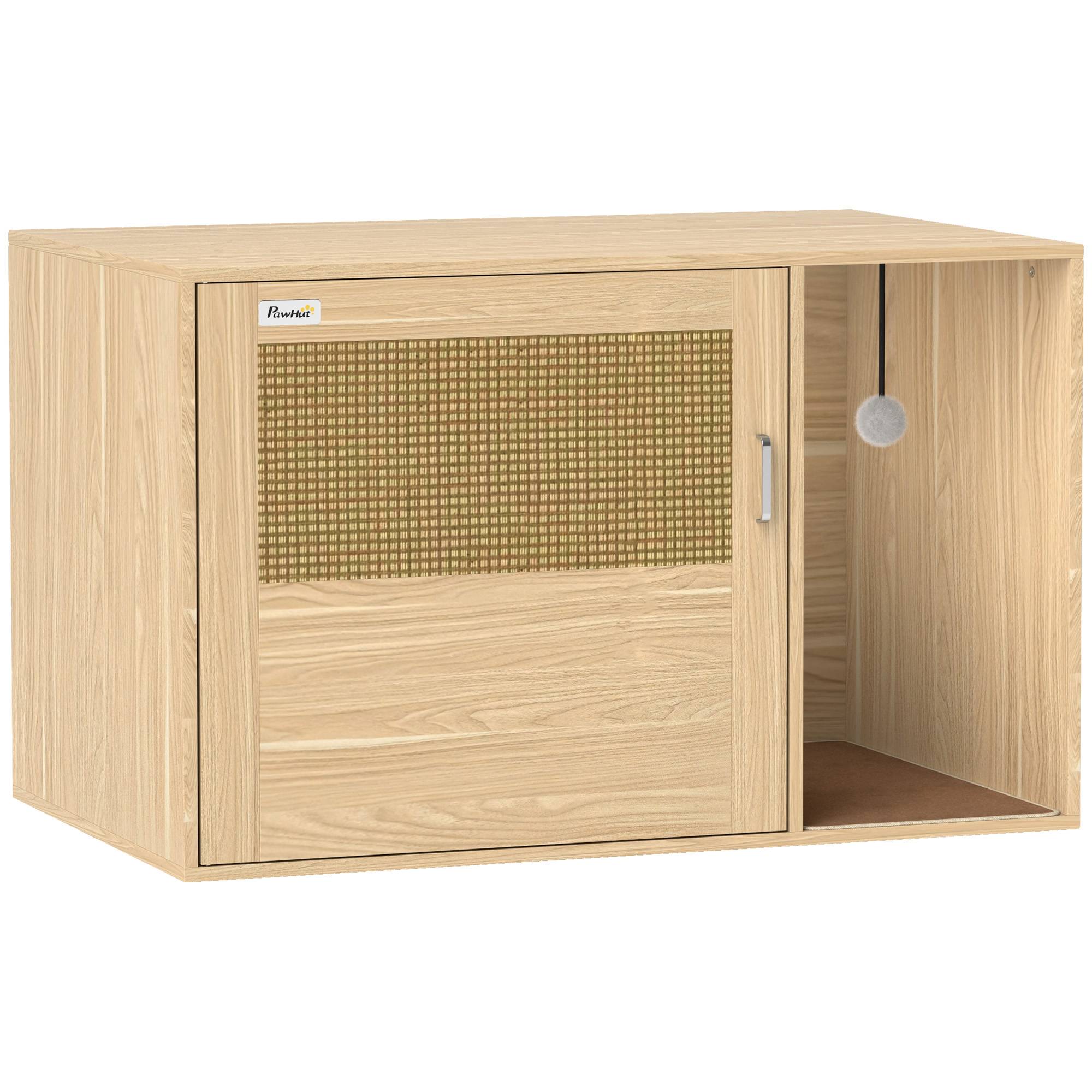 Meuble pour bac à litière avec griffoir et porte en rotin, 80 x 50 x 50 cm, chêne - Image 2