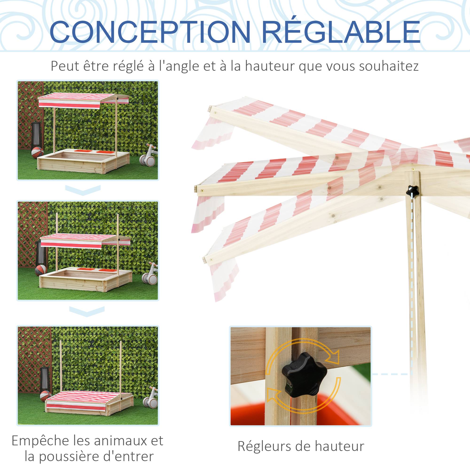 Outsunny - Bac à sable bois carré dim. 1,18L x 1,18l x 1,18H m - hauteur, inclinaison toit réglables, refermable - 2 bacs - bois sapin autoclave - Outsunny - Imagen 2