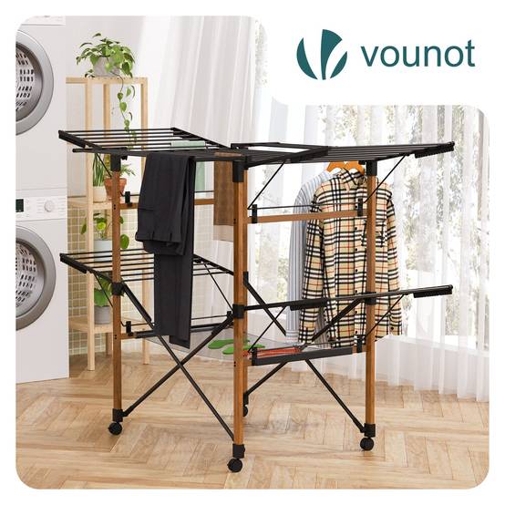 Vounot - Étendoir à linge pliable 173x94x123cm, Séchoir grande capacité avec roulettes et maille, 30m d’étendage, Noir effet bois, VOUNOT® - Image 2