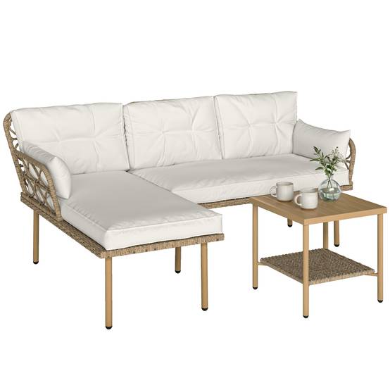 Ensemble jardin 3 pcs avec chaise longue, canapé, coussins et table, rotin acier, crème bois - Image 1
