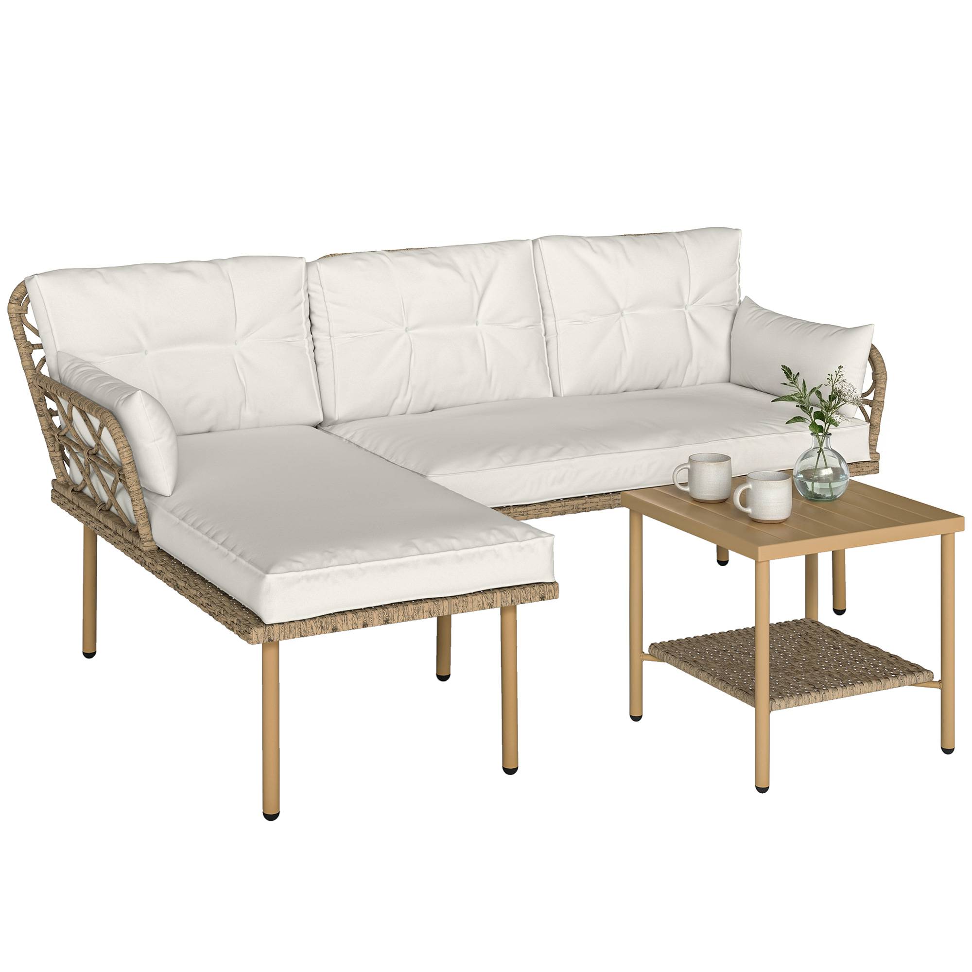 Ensemble jardin 3 pcs avec chaise longue, canapé, coussins et table, rotin acier, crème bois - Image 1