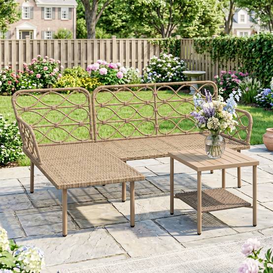 Ensemble jardin 3 pcs avec chaise longue, canapé, coussins et table, rotin acier, crème bois - Image 9
