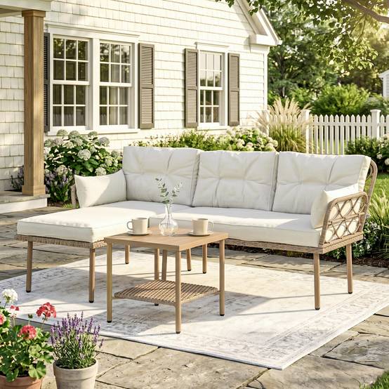 Ensemble jardin 3 pcs avec chaise longue, canapé, coussins et table, rotin acier, crème bois - Image 3