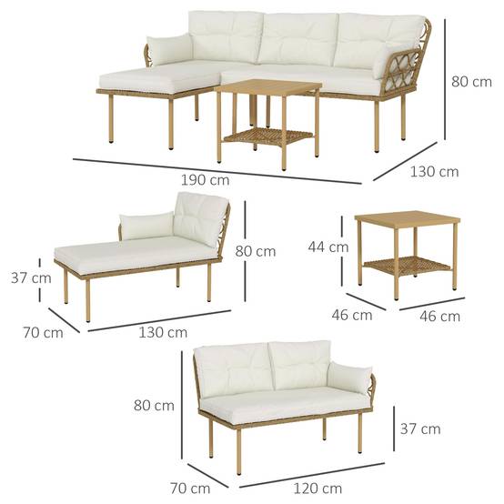 Ensemble jardin 3 pcs avec chaise longue, canapé, coussins et table, rotin acier, crème bois - Image 5