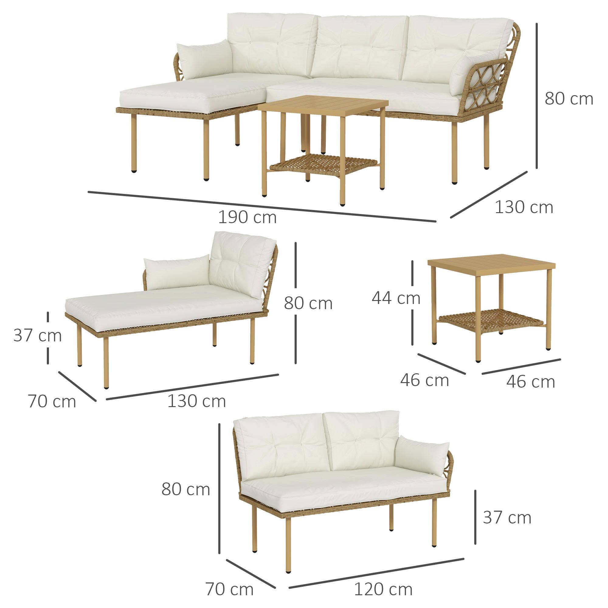 Ensemble jardin 3 pcs avec chaise longue, canapé, coussins et table, rotin acier, crème bois - Image 5