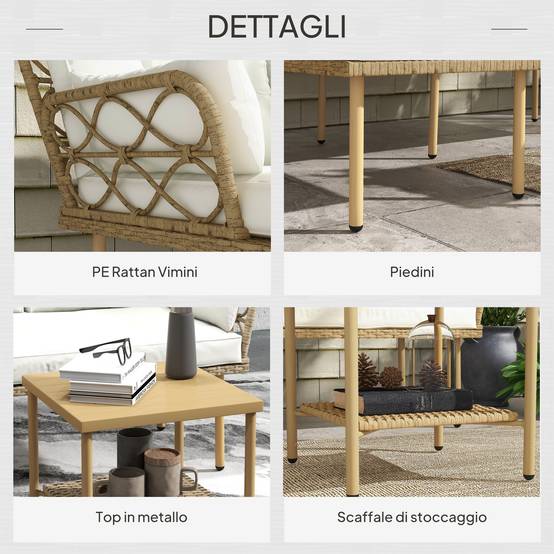 Ensemble jardin 3 pcs avec chaise longue, canapé, coussins et table, rotin acier, crème bois - Image 8