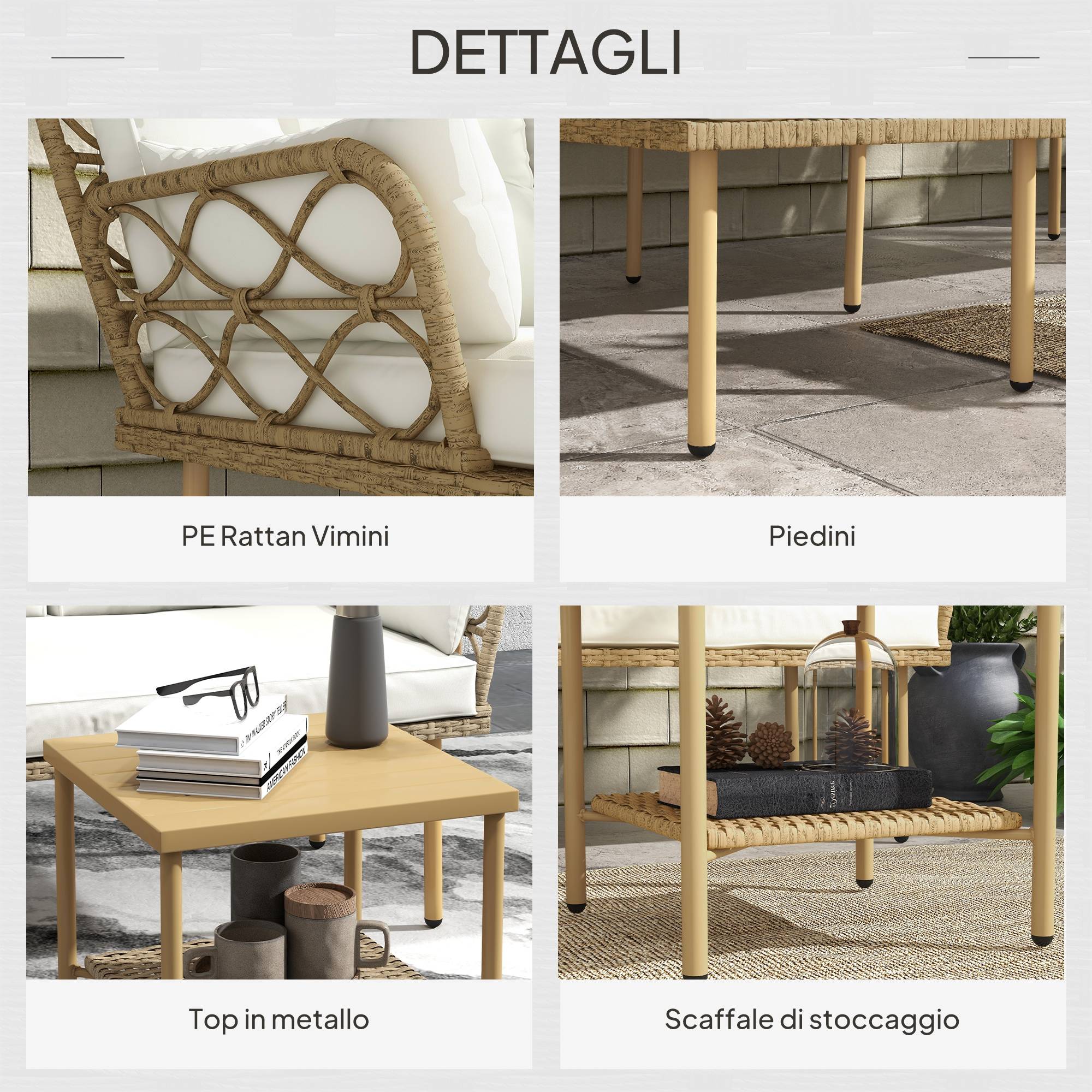 Ensemble jardin 3 pcs avec chaise longue, canapé, coussins et table, rotin acier, crème bois - Image 8