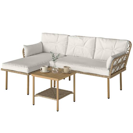 Ensemble jardin 3 pcs avec chaise longue, canapé, coussins et table, rotin acier, crème bois - Image 2