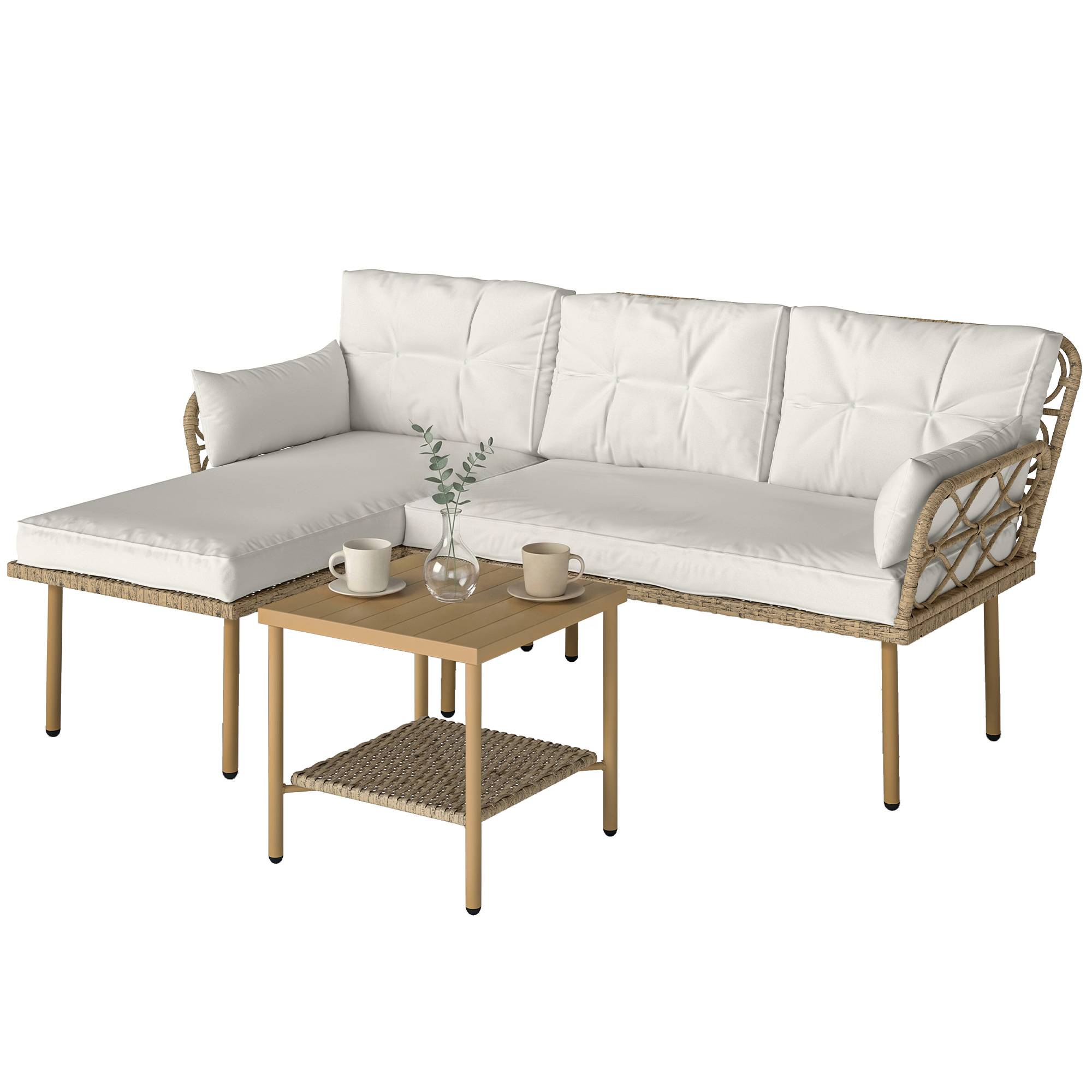 Ensemble jardin 3 pcs avec chaise longue, canapé, coussins et table, rotin acier, crème bois - Image 2