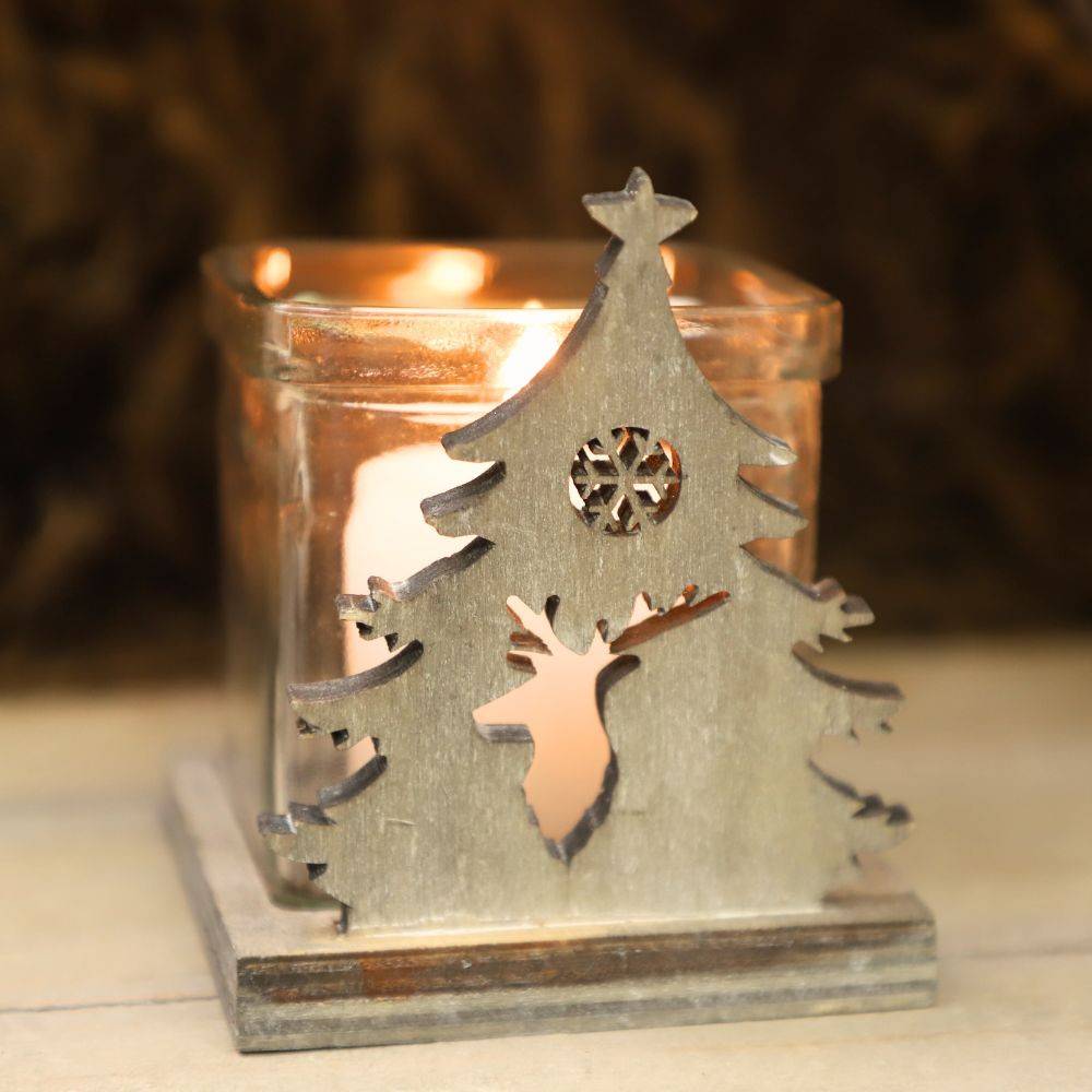 Chemin De Campagne - Photophore en bois motif «Cerf» 8.5 x 8.5 x 10 cm Chemin de campagne - Imagen 4