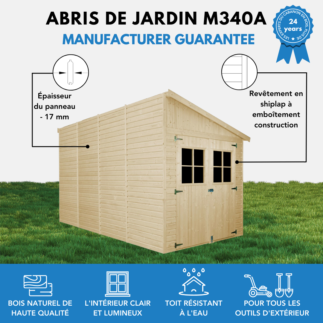 Timbela - Abri de Jardin en Bois Naturel H244x218x416 cm / 8 m² avec paroi latérale et les planchers imprégné - 17 mm d’épaisseur - Timbela M340A+M340G - Imagen 9