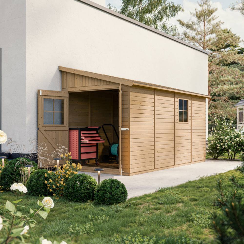 Timbela - Abri de Jardin en Bois Naturel H244x218x416 cm / 8 m² avec paroi latérale et les planchers imprégné - 17 mm d’épaisseur - Timbela M340A+M340G - Imagen 2