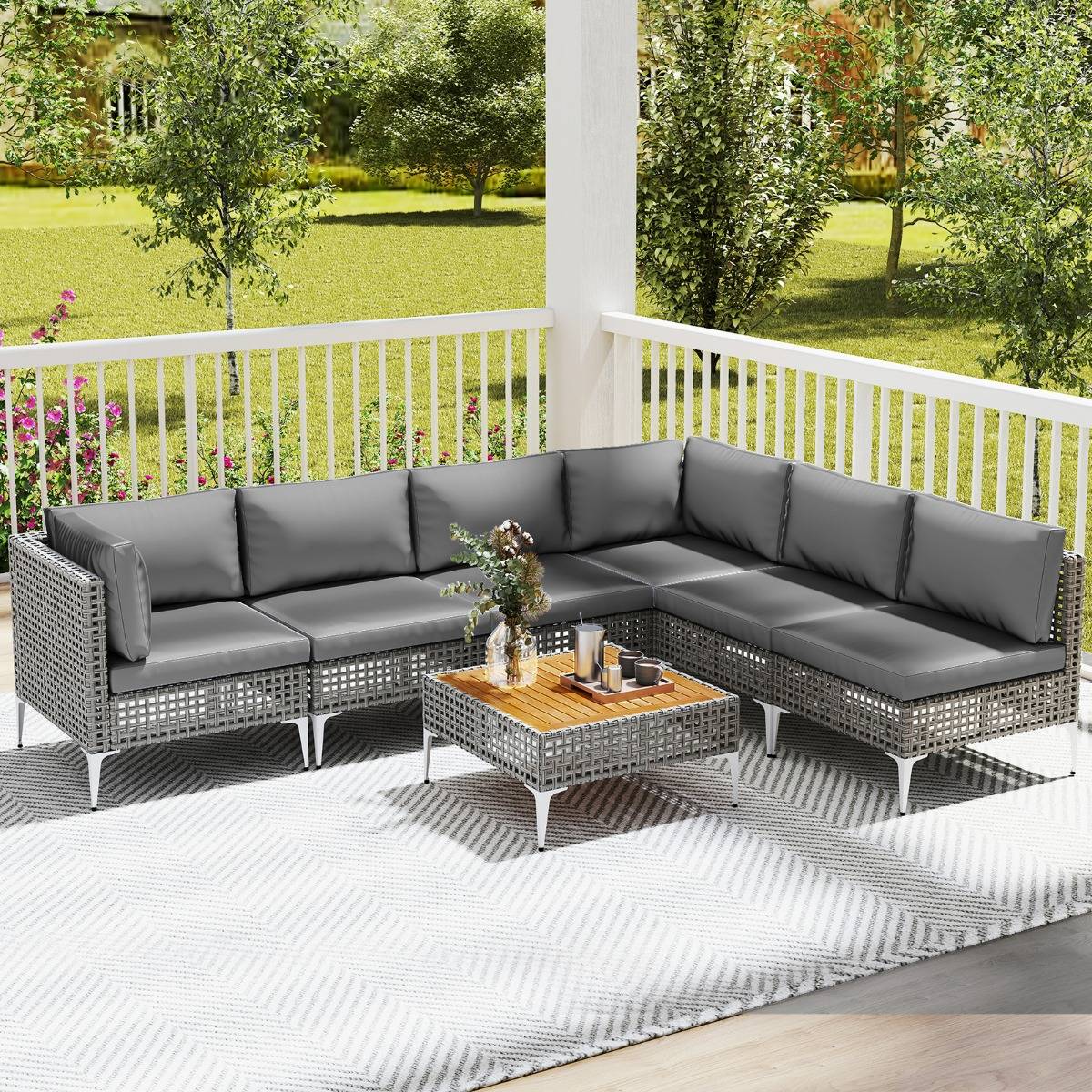 Ensemble de Meubles de Jardin 7 Pièces Canapé Sectionnel en Osier avec Coussins et Table Basse en Bois d'Acacia Gris MAISON CHIC - Image 2