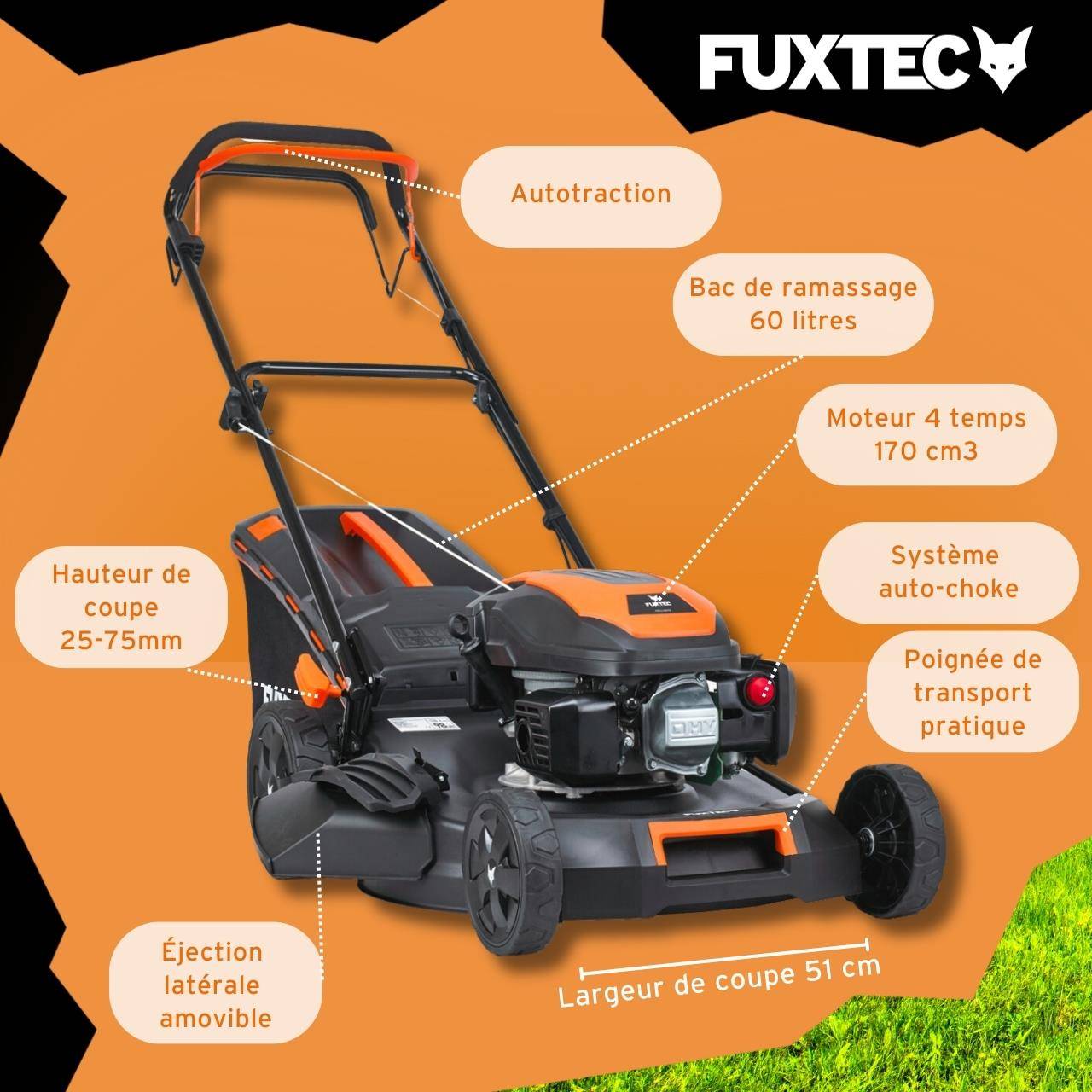 FUXTEC - Tondeuse thermique autotractée 51cm 170cm3 - FUXTEC FX-RM5170 - bac 60 L, mulching & EasyClean – FUXTEC - Image 3