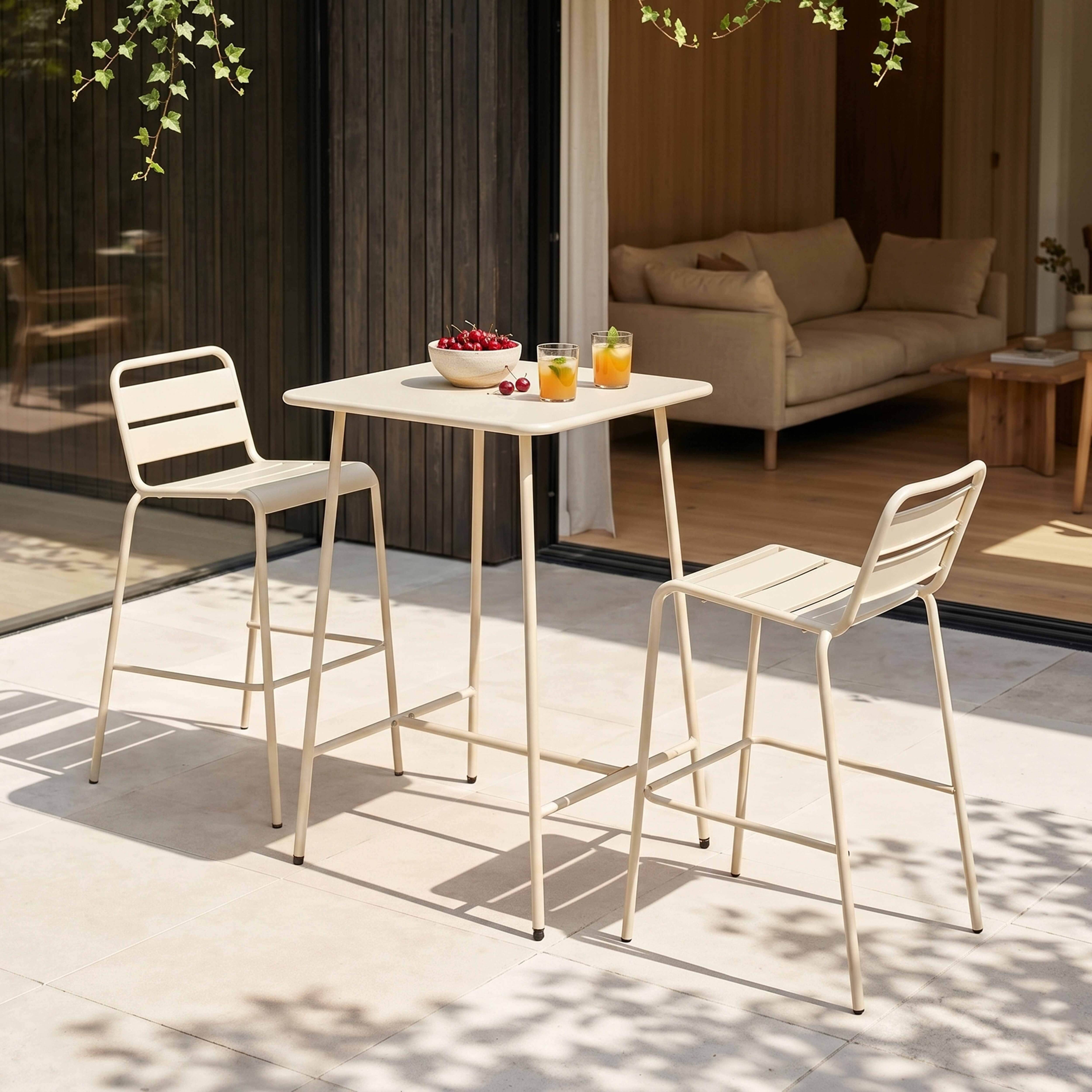 Oviala - Ensemble table de bar et 2 chaises hautes en métal ivoire Palavas - Oviala - Imagen 2