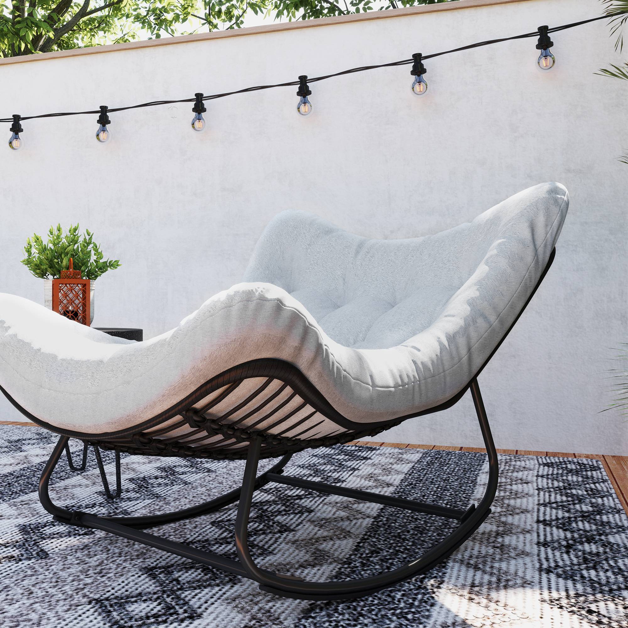 Banc de jardin en rotin basculant avec cadre en acier 98 x 111 x 74 cm Gris - Image 9