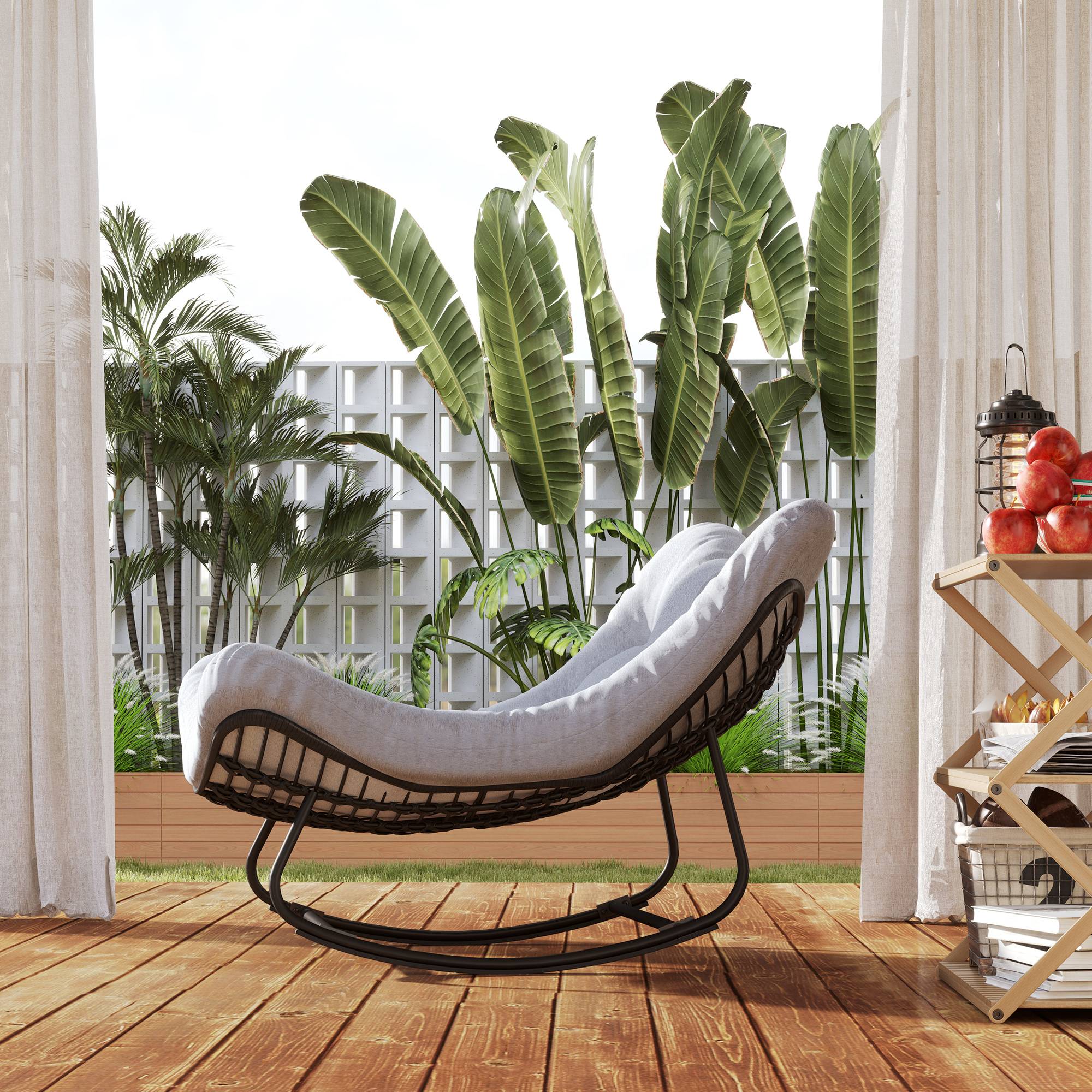 Banc de jardin en rotin basculant avec cadre en acier 98 x 111 x 74 cm Gris - Image 8