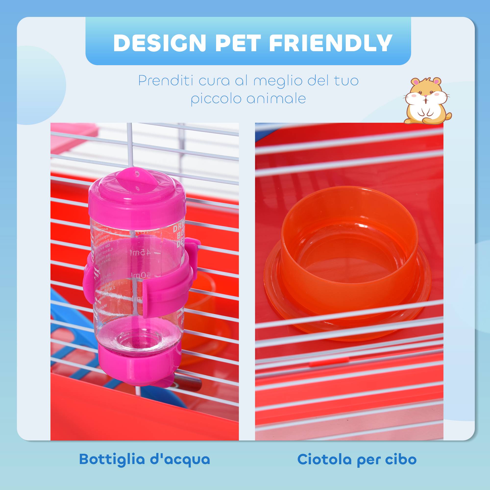 Cage hamster 2 niveaux en métal pour petits rongeurs avec roue et maison 47x30x27cm rouge - ComfortXL Outdoor Living - Image 6