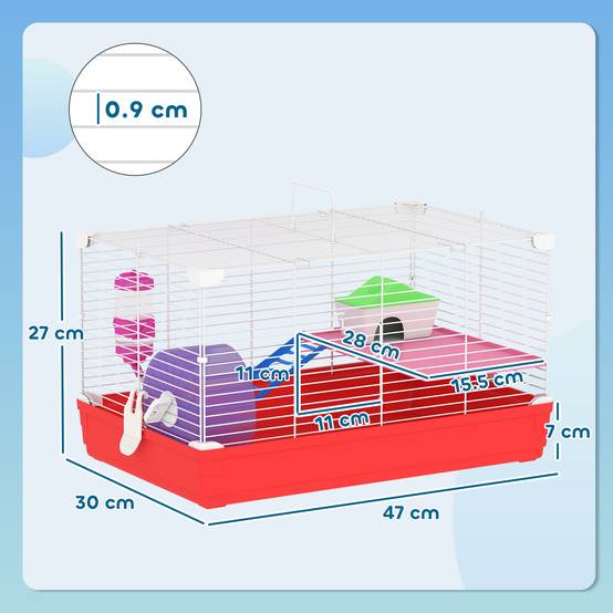 Cage hamster 2 niveaux en métal pour petits rongeurs avec roue et maison 47x30x27cm rouge - ComfortXL Outdoor Living - Image 5